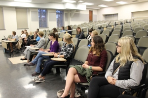 PRSSA members listen to Atkinson's experiences about handling IU Bloomington's social media accounts.